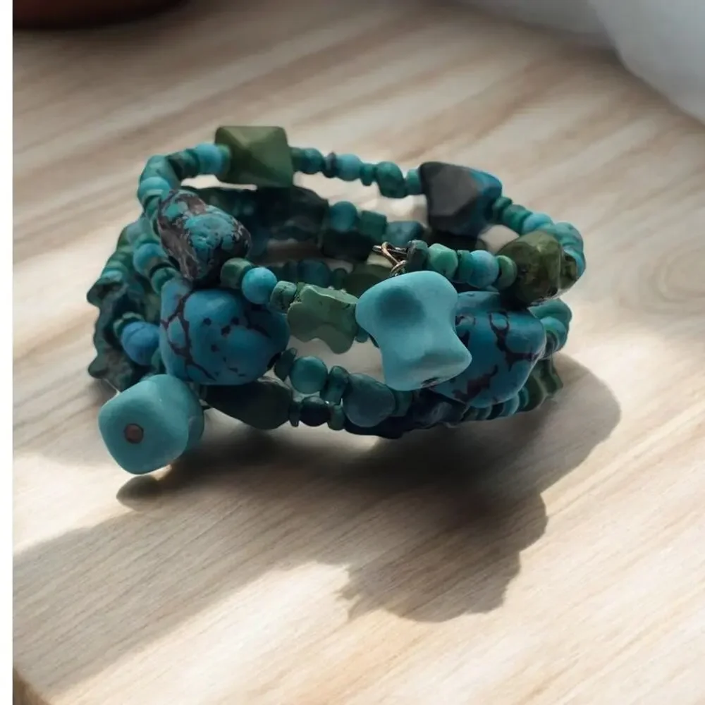 Turquoise Beaded Wrap Bracelet Boho Memory Wire Layered Southwestern